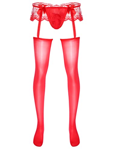 YiZYiF Hombres Pantimedias con Falda de Encaje Transparente Sexy Sissy Lencería de Medias Mallas de Tanga con Bolsa Abultada Ropa de Dormir Rojo Talla Única