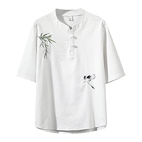 Caxndycing Camisa de lino Han Fu para hombre, de algodón, de manga corta, con cuello alto, con botones cortos, bordado, camisa china para hombre, camisa de lino de algodón, Blanco, XXXXL