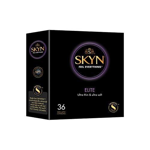 SKYN Elite Preservativos Paquete de 36 / Preservativos Skynfeel sin látex para hombre, caja de preservativos muy delicada, extrafina y extrasuave, sensible, preservativos de 53 mm de ancho
