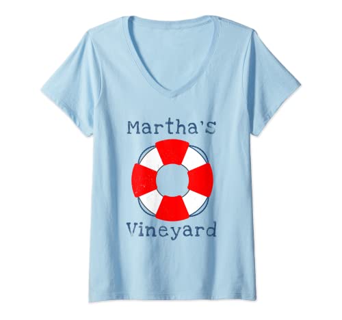 Mujer Antiguo Marthas Viñedo Verano Beach Life Preserver Camiseta Cuello V