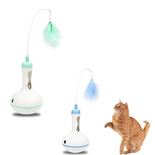 Juguete Gato Interactivo,Senteen 2 pcs Juguetes Interactivos para Gatos con Pluma Campanas Pelota Dispensadora de Comida para Gatos el Entretenimiento para Mascotas Azul Verde