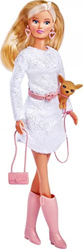 Simba Steffi Love Chic Walk - Muñeca con Vestido de Moda, con Pendientes, cinturón, Bolso y su Perro, 29 cm, para niños a Partir de 3 años