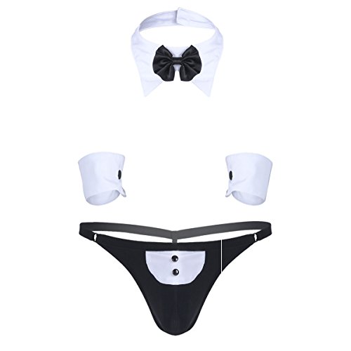 Freebily Lencería Erótica para Hombres de 3 Piezas Ropa Interior Sexy de Pijama Thong Traje Disfraces de Monos Conjunto Traje Black&White Large