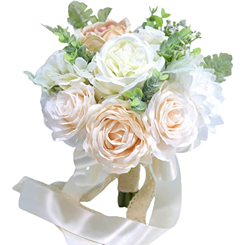 MISNODE Ramos de novia hechos a mano para boda, dama de honor, boda, ramo de rosas falsas para el hogar, centros de mesa, decoración de boda, color blanco