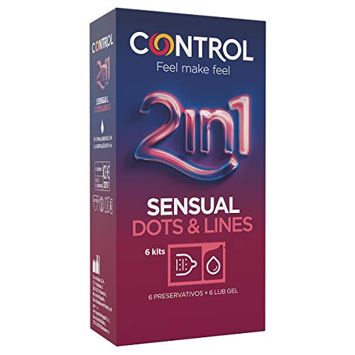 Control Preservativos 2 In 1 Dots & Lines - Caja de 6 Preservativos Más Lubricante en Dosis, Puntos y Estrías, Sexo Seguro. Disfruta de unos Preservativos con Ajuste Perfecto para una Relación Segura.