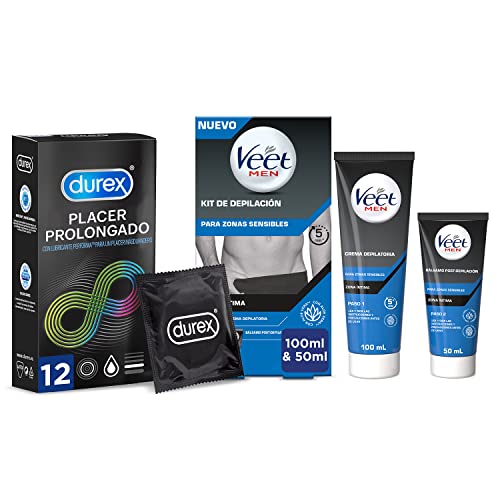 Durex Preservativos Placer Prolongado con Efecto Retardante, 12 condones, Veet Men Kit de Depilación para Zonas Íntimas del Cuerpo 2x50ml