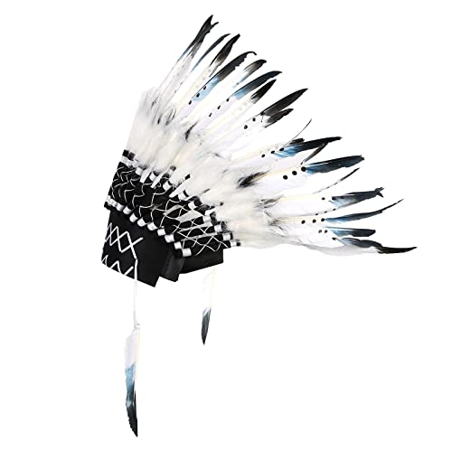 SANON Diadema de plumas india tocado nativo americano tocado adultos estilo indio sombreros para fiesta foto accesorios blanco, blanco, M