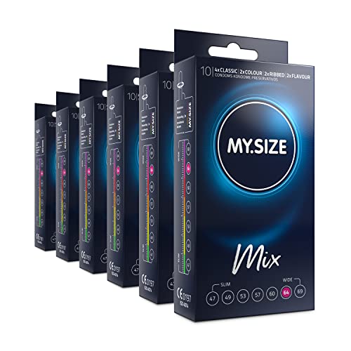 MY.SIZE Mix: 60 condones en 4 interesantes variaciones: condones con sabor, de colores, acanalados y clásicos, talla 6, 64 mm