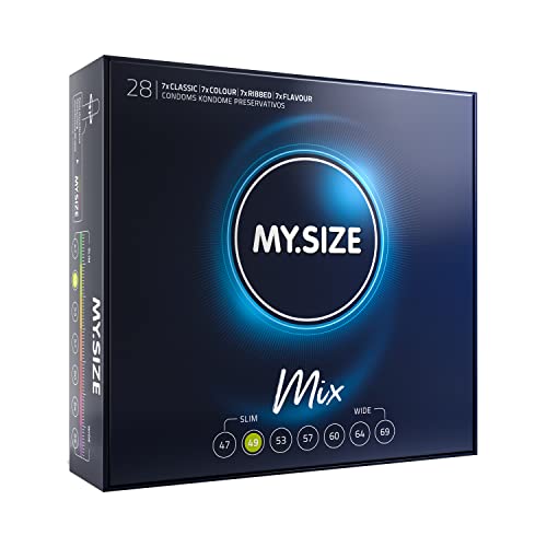 MY.SIZE Mix: 28 condones en 4 interesantes variaciones: condones con sabor, de colores, acanalados y clásicos, talla 2, 49 mm