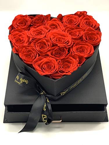 SUPERMOLON Caja con joyero 16 Rosas Rojas preservadas - Rosas eternas San Valentín - Flores preservadas en Joyero Caja Transparente