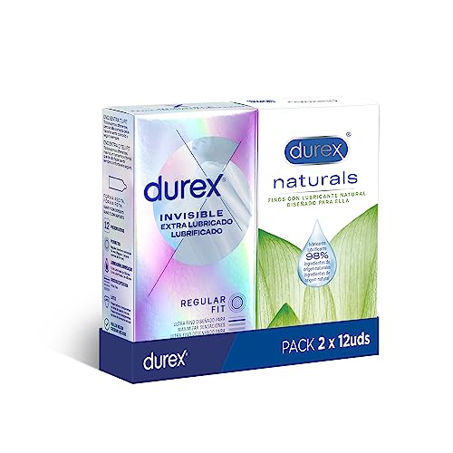 Durex Naturals Preservativos con Lubricante Natural de Base Agua, Diseñado para Ella, 10 condones + Durex Preservativos Invisible Extra Lubricado, Finos para Maximizar la Sensibilidad, 12 condones