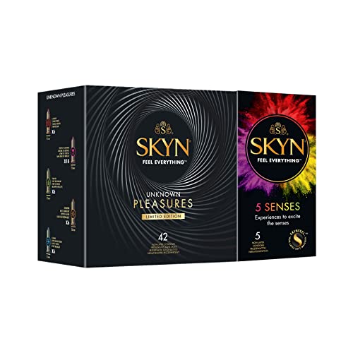 SKYN Unknown Pleasures Preservativos Paquete de 42 & 5 Senses Preservativos Paquete de 5 / Skynfeel Preservativos sin látex para hombres, sensación intensa, sabor a cóctel, hormigueo, calentamiento