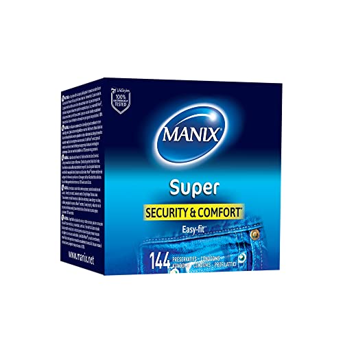 Manix Super : Caja de 144 preservativos clásicos de látex, preservativos para hombre, lubricados y finos, de tamaño estándar, diámetro de 52 mm
