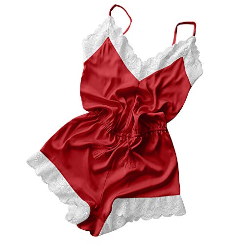 WOZOW - Lencería erótica sexy para mujer, lencería con cuello en V y encaje, empalme de cuerpo, ropa de dormir Babydoll para mujer, erótica, tentación ropa interior, rojo, L