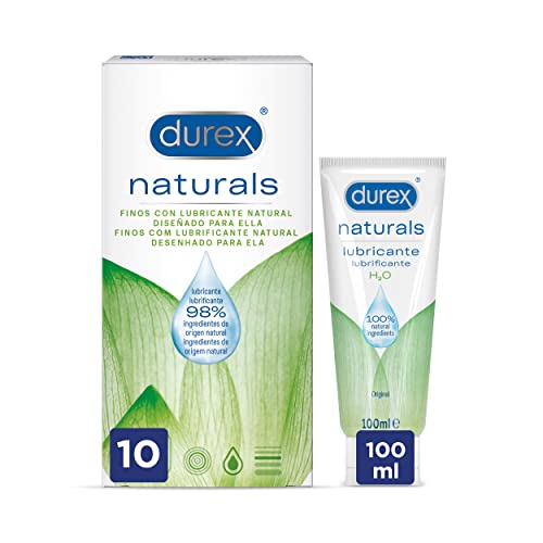 Durex Naturals Preservativos con Lubricante Natural de Base Agua, Diseñado para Ella, 10 condones + Durex Naturals H2O Lubricante Base Agua, 100 ml