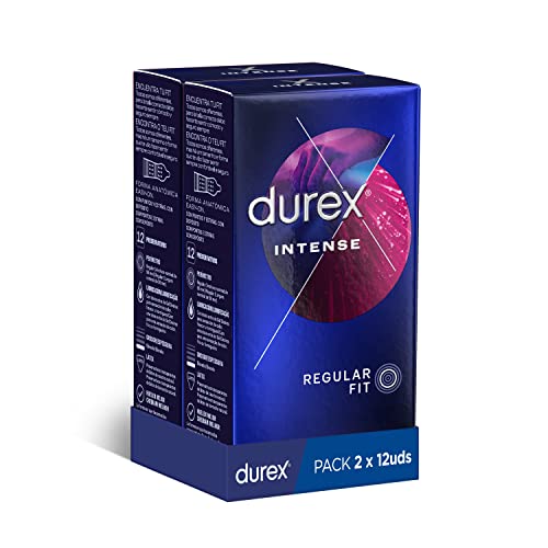 Durex Preservativos Intense Con Puntos Y Estrías Y Gel Estimulante - 2x12 Condones Duplo Pack, color Plata, 12 Unidad - Pack de 2