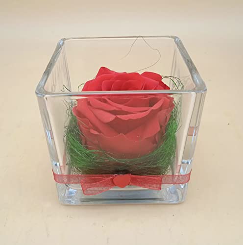 Rosa eterna roja. Cubo de Cristal. Rosa roja preservada. Rosa roja eterna. Flores preservadas. Hecho en España.