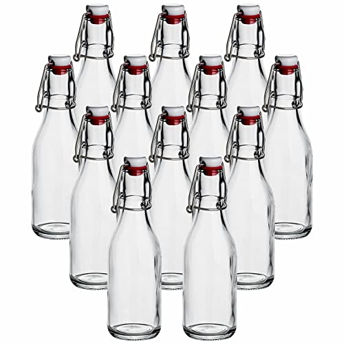 gouveo Juego de 12 botellas de cristal de 250 ml, redondas con cierre de clip, color rojo, para rellenar con cremallera, licor, licor, zumo