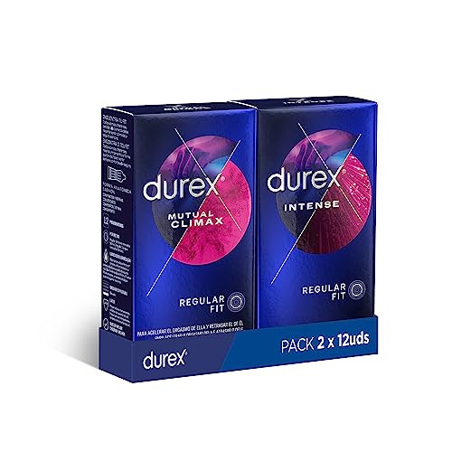Durex Preservativos Intense con Puntos y Estrías y gel estimulante, 12 condones + Durex Mutual Climax Preservativos Con Puntos Y Estrías Para Ella Y Efecto Retardante Eyaculación para Él, 12 condones