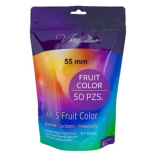 VIBRATISSIMO Condones Fruit Color paquete de 50 I sensitivos y extra húmedos I condoms for men I bolsa de condones recerrable I condones multicolor I condones extrafinos I b=55mm