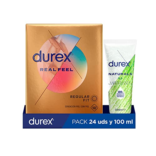 Durex Preservativos Real Feel + Lubricante Naturals H20-24 Condones + Lubricante 100ml, color Dorado, 25 Unidad