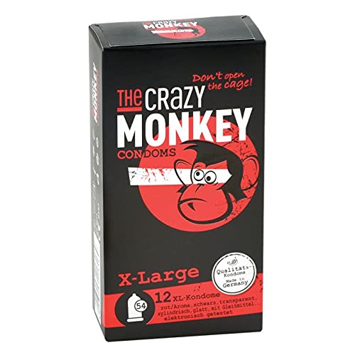 The Crazy Monkey Condoms - X-Large - Condones con sabor a fresa, negro condones y transparente sin sabor en XL tamaño - 12 condones - Made in Germany