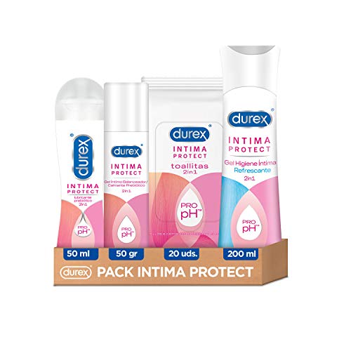 Durex Íntima Protect Pack Lubricante de Base Agua, Gel Limpiador Refrescante, Gel Íntimo Balanceador y Toallitas para Higiene Íntima Mujer - 4 productos