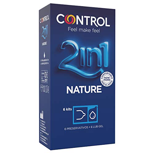 Control Preservativos 2 In 1 Nature - Caja de 6 Preservativos Más Lubricante en Dosis, Sexo Seguro. Disfruta de unos Preservativos con Ajuste Perfecto para una Relación Segura.