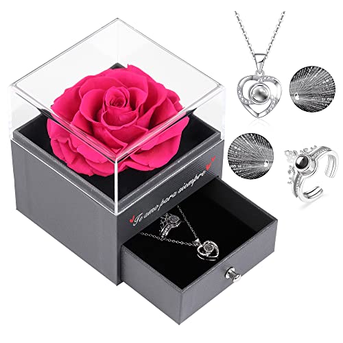 Te Amo para Siempre Regalo Original Mujer,Rosa Preservada Real con Anillo y Collar de Corazón con Te Amo en 100 Idiomas, Rosa Eterna para el Día de San Valentín Aniversario Cumpleaños (Rosa Caliente)