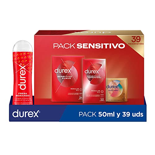 Preservativos Durex Pack Mixto Sensitivo Suave + Sensitivo Contacto Total + Real Feel + Lubricante Intimo Fresa - 39 condones + 50ml