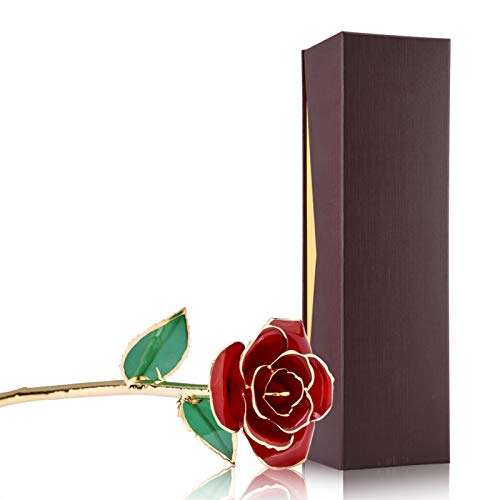 Flor de rosa roja con adorno de lámina de oro de 24 quilates, flor de rosa de oro de 24 quilates con tallo largo Regalo romántico Flor de rosa artificial para la amante Madre Día de San Valentín