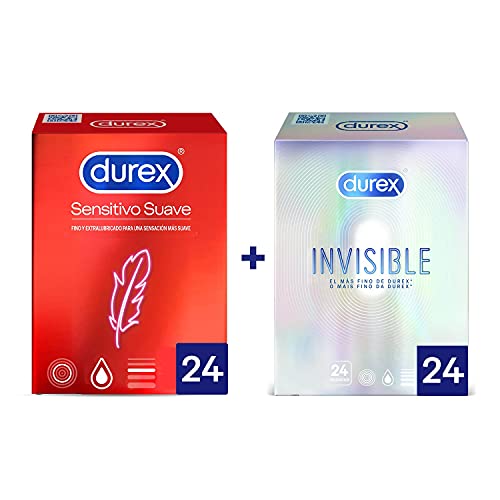 Durex Preservativos Invisible Extra Fino Extra Sensitivo y Extra Suave - 24 condones+ Durex Preservativos Sensitivos Real Feel Sin Látex - 24 condones