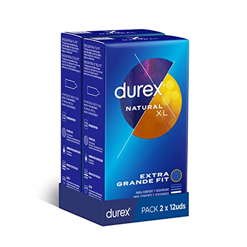 Durex Preservativos Originales Natural Plus Talla XL - 12 condones más grandes (Paquete de 2) - 24 condones total