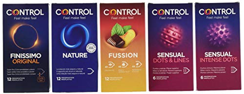 Control Pleasure Mix Pack Ahorro de Preservativos, Tipos: Nature, Finissimo, Fussion (Sabores), Sensual Dots and Lines y Sensual Intense Dots, 48 Preservativos, Pack de 5 Cajas