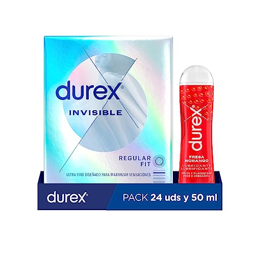 Durex Preservativos invisibles, super finos para maximizar la sensibilidad, 24 condones + Durex Lubricante Sabor y Aroma Fresa de Base Agua, 50 ml