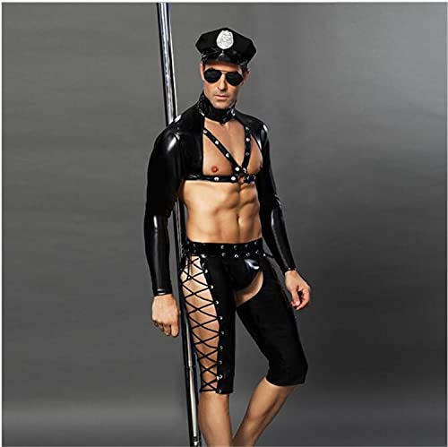 BERMEL Lencería sexy para hombre Cosplay Uniforme de policía Pantalones cortos de látex de cuero brillante y Traje de escenario de discoteca superior