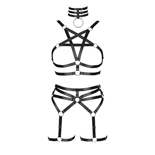 Conjunto de brasier de pentagrama para mujer, punk, liguero, pierna, cintura, baile, elástico, gótico, carnaval, accesorios, Negro -