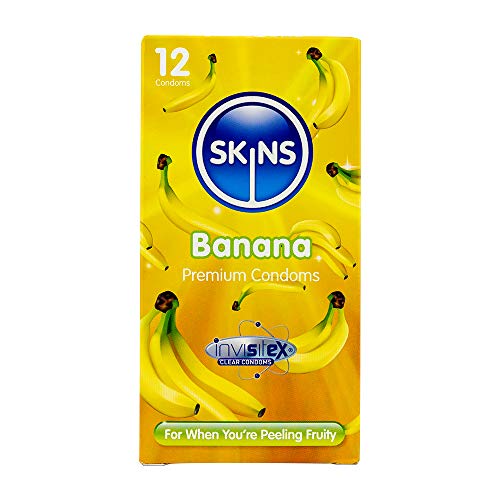 Skins Sexual Health Condones con sabor a plátano. Sin olor a látex y lubricación adicional para máxima comodidad y placer. Sensación delgada y segura (Incoloro, 12 Unidades (Paquete de 1))