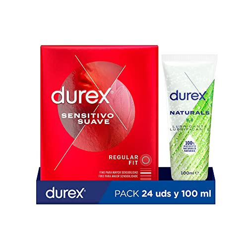 Durex Preservativos Sensitivo Suave + Lubricante Naturals H20 - 24 Condones + Lubricante 100ml, color Rojo, 2 Unidad
