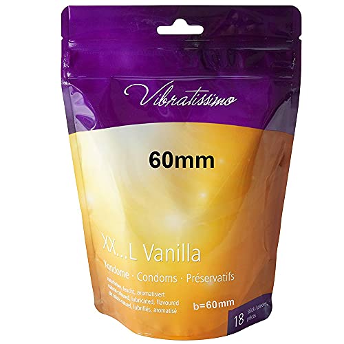 VIBRATISSIMO Condones XXL Vanilla paquete de 18 I preservativos premium con aroma I condones vainilla con grosor de pared fino y aromatizados I condones sensitivos ultrafinos I b=60mm
