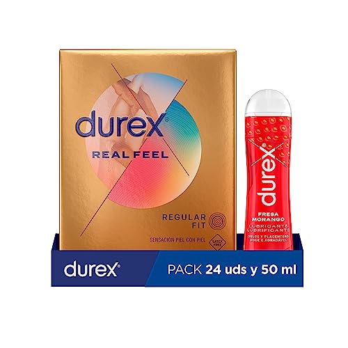 Durex Preservativos Sensitivos Real Feel, 24 condones + Durex Lubricante Sabor y Aroma Fresa de Base Agua, 50 ml