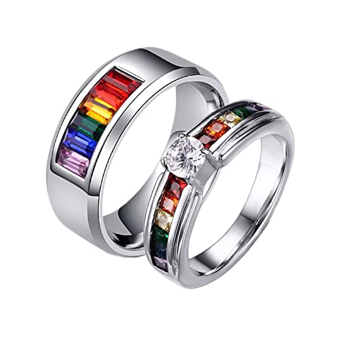 Mesnt Anillos de plata para parejas, anillo LGBT de acero inoxidable con circonita arco iris, personalizado, Women J 1/2 & Men T 1/2, Zirconia cúbica