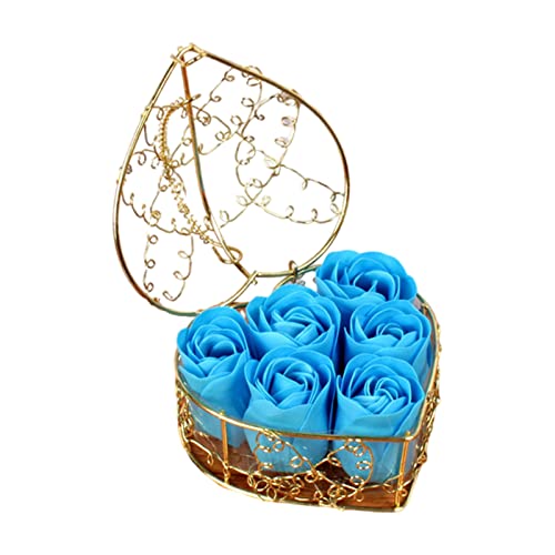 Flor de jabón rosa con cesta de hierro, caja de regalo del día de San Valentín, ramo de flores artificiales para enviar novia, regalo de cumpleaños, boda, preservado para siempre azul