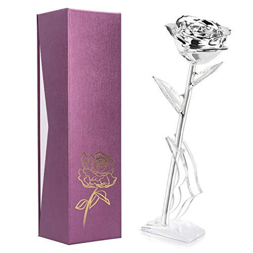 Hztyyier Rosa Chapada en Oro de 24 Quilates para Siempre Preservada de Tallo Largo Rosa Real Romántica con Base para Decoración de Fiesta de Boda