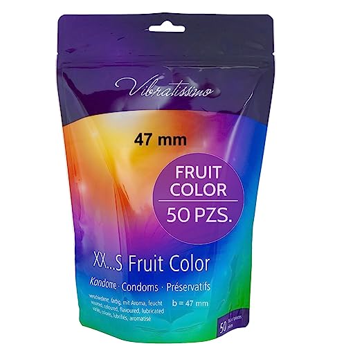 VIBRATISSIMO Condones Fruit Color paquete de 50 I sensitivos y extra húmedos I condoms for men I bolsa de condones recerrable I condones multicolor I condones extrafinos I b=47mm