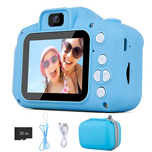 Camara Fotos Infantil, cumpleaños para niños y niñas de 3 a 12 años, cámara de Video Digital HD 1080P con Estuche (Azul)