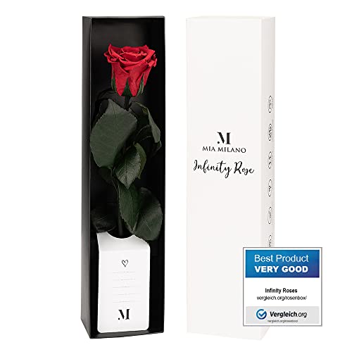 Mia Milano Rosa preservada en un Palo I Rosa roja Infinita en Caja de Regalo I Rosa de Regalo para Mujeres I Rosa Duradera con Tarjeta de Regalo