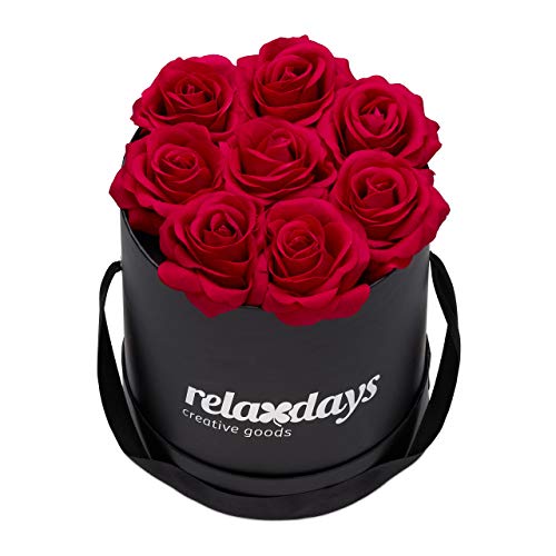 Relaxdays Rosas Artificiales, Caja de Flores Negra, 8 Unidades, Ramo Decorativo, Flower Box, Cartón-Tela-PP, Rojo