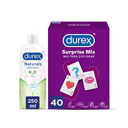 Durex Naturals H2O Lubricante Base Agua, 100% Natural Sin Fragancia, Colorantes ni Agentes Irritantes, 250ml + Durex Preservativos Mixtos Surprise Me, 40 condones