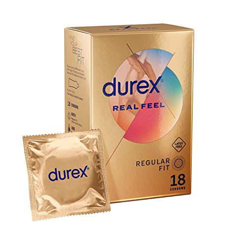Durex Condones de sensación real, preservativos sin látex para una mayor sensibilidad, paquete de 18